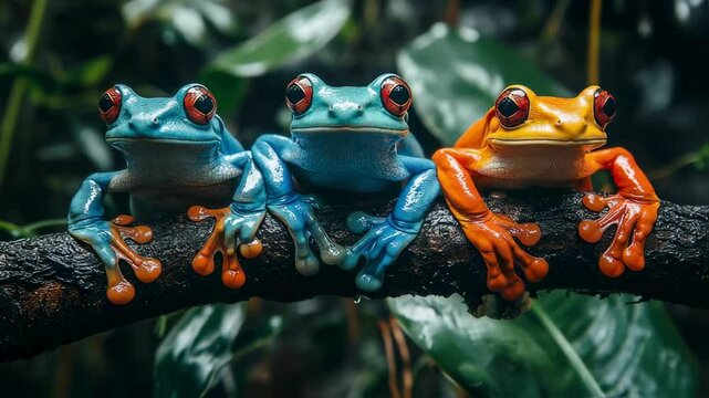 Vibrant Trio Blue, Orange, and Green Red-eyed Tree Frogs on a Branch