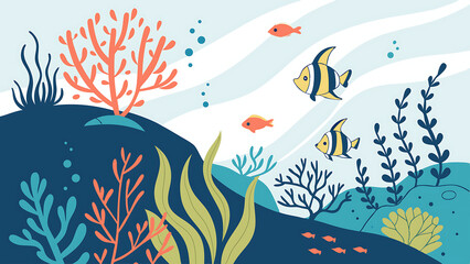 "A vector illustration of an underwater coral reef scene with colorful corals, tropical fish, and seaweed. Flat design style with vibrant underwater hues (blues, greens, corals). 