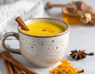 Golden Milk Beverage in Ceramic Mug with Honey, Turmeric, Ginger, Cardamom and Cinnamon – Wellness Drink on Cozy Natural Background