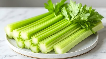Fresh green celery stalks on a plate, close-up shot highlighting the crisp texture and vibrant color. Ideal for healthy eating, cooking, and recipe websites.