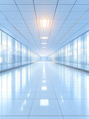 Symmetrical Perspective of Modern Office Hallway with Glass Partitioning
