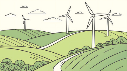 A vector illustration of a wind farm on rolling hills under a clear blue sky. Multiple white wind turbines with turning blades spread across green fields.