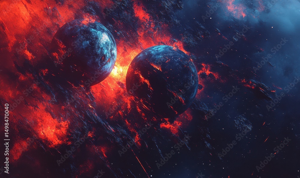 Poster cosmic collision two planets collide in fiery space nebula. background shows swirling gases. use sci