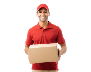 Smiling delivery man in red uniform holds cardboard box, showcasing friendly demeanor. His bright attire and cheerful expression convey sense of reliability and service