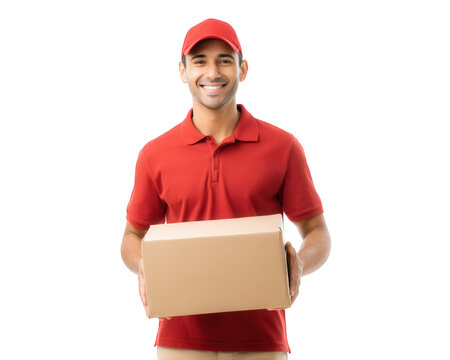 Smiling delivery man in red uniform holds cardboard box, showcasing friendly demeanor. His bright attire and cheerful expression convey sense of reliability and service