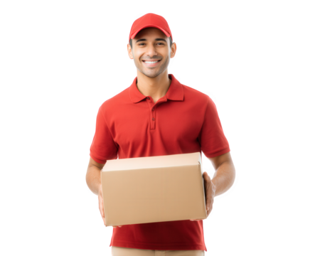 Smiling delivery man in red uniform holds cardboard box, showcasing friendly demeanor. His bright attire and cheerful expression convey sense of reliability and service - Powered by Adobe