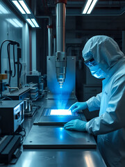Semiconductor Chip Etching Process in a Manufacturing Facility. Concept Semiconductor Manufacturing, Chip Etching, Clean Room Procedures, Chemical Safety Practices, Production Efficiency