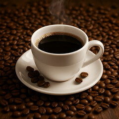 Fototapeta premium Hot Black Coffee in White Cup with Roasted Beans – Aromatic Morning Scene- Generated AI
