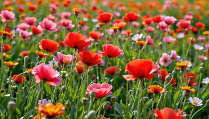Obraz premium Vibrant field of colorful flowers showcases stunning array of red, pink, and yellow blooms, creating picturesque and cheerful landscape that evokes feelings of joy and tranquility