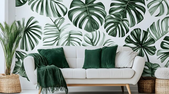 Tropical leaf design on a white wall with a white couch and green cushions.