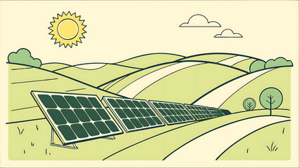 A vector illustration of a solar farm with rows of solar panels in a sunny landscape. Flat design style with green hills and a bright sun in the sky.