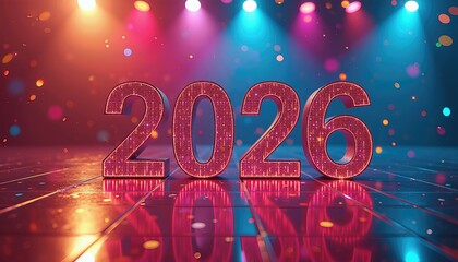 2026 Red Glitter Numbers on Reflective Stage with Colorful Spotlights and Confetti