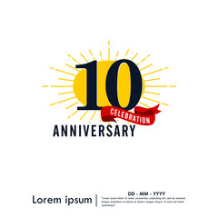 10th years anniversary celebration emblem. congratulations anniversary logo isolated with red ribbon and starburst on white background. vector illustration template design for web
