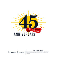 45th years anniversary celebration emblem. congratulations anniversary logo isolated with red ribbon and starburst on white background. vector illustration template design for web