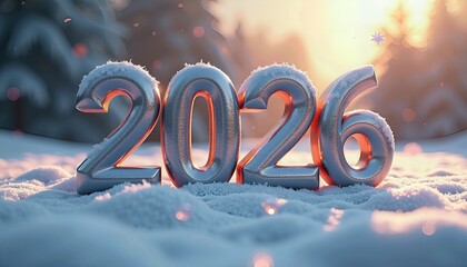 Elegant Happy New Year 2026 Text in Silver with a Frosty Winter Wonderland Setting