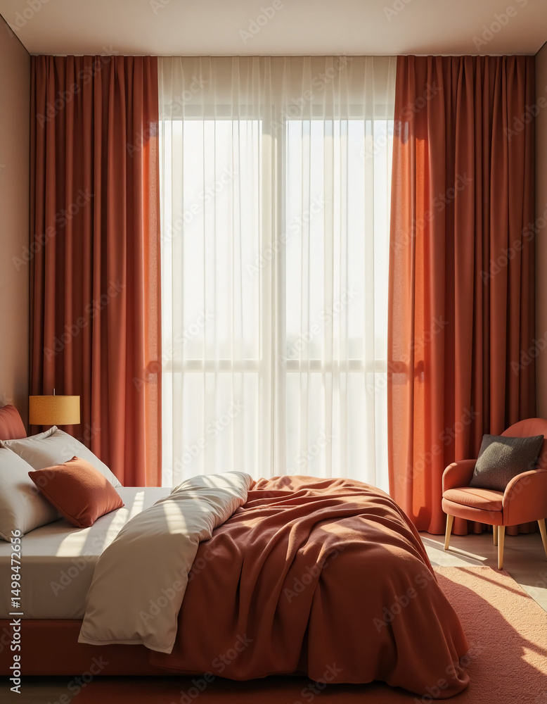 Poster sunlight pours into a stylish bedroom adorned with orange curtains and plush textures, creating a wa