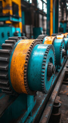 Close-up view of an industrial roller gear system in white, gold, and silver tones, with transparent glass elements and a bright, polished aesthetic that highlights precision, engineering, and modern 