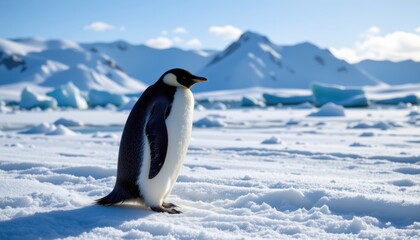 Fototapeta premium Emperor penguin on snowy ice antarctica wildlife photography serene environment close-up view nature's beauty