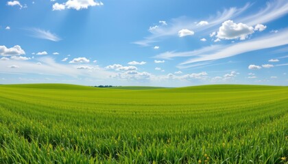 Obraz premium Vibrant green grassland under blue sky nature scene landscape photography peaceful environment wide-angle view serenity