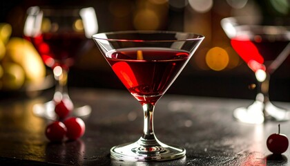A rich close-up of a classic Manhattan cocktail in a crystal glass, captured with cinematic flair and dramatic lighting that highlights its deep amber tones, cherry garnish, and timeless elegance