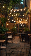 Obraz premium Brick patio restaurant with string lights and iron furniture