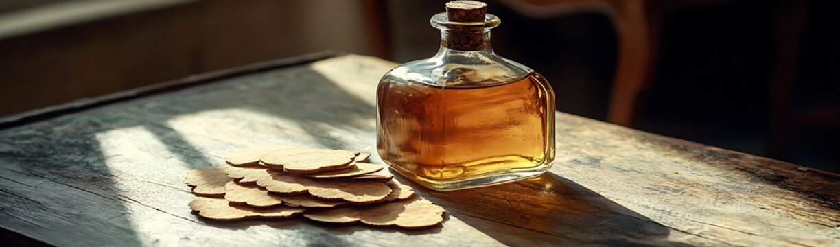 Amber liquid, herbal slices, wooden table