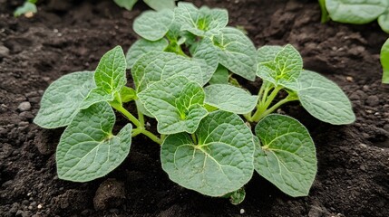 Obraz premium Close-up of young potato plants growing in soil.