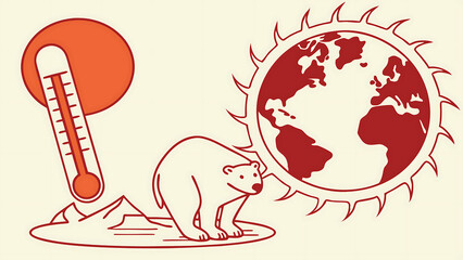 "A vector illustration illustrating climate change: melting ice and a rising sun over Earth. For example, a polar bear on a small melting ice floe or a thermometer icon overlay on the globe. 