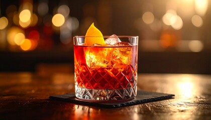 A stunning close-up of a classic Negroni cocktail in a crystal-clear glass, captured with cinematic flair and dramatic lighting that highlights the rich amber hues and elegant orange peel garnish