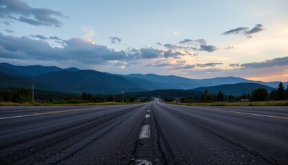 Scenic road trip journey through majestic mountains open highway landscape tranquil evening sky