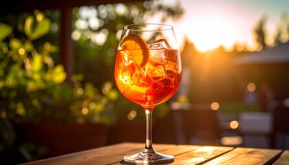A Close-Up Cinematic Shot of a Sparkling Spritz Cocktail in a Glass with Dramatic Lighting, Highlighting Its Vibrant Orange Hue, Bubbles, and Citrus Garnish in a Stylish, Refreshing Summer Setting