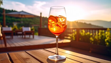 A Close-Up Cinematic Shot of a Sparkling Spritz Cocktail in a Glass with Dramatic Lighting, Highlighting Its Vibrant Orange Hue, Bubbles, and Citrus Garnish in a Stylish, Refreshing Summer Setting