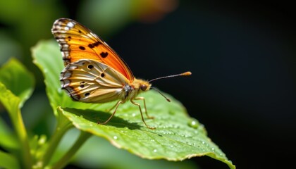 Obraz premium Butterfly perched on leaf in a natural setting close-up photography vibrant colors nature environment