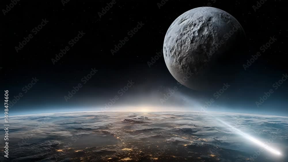 Poster space unbroken action celestial event with comet and moon over earth at dusk