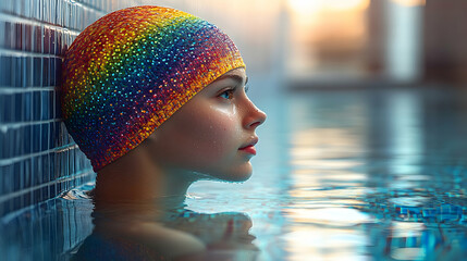 Young girl in a vibrant rainbow swim cap, partially submerged in a swimming pool, gazing thoughtfully towards the horizon.  A captivating image showcasing youth, serenity, and the beauty of water.