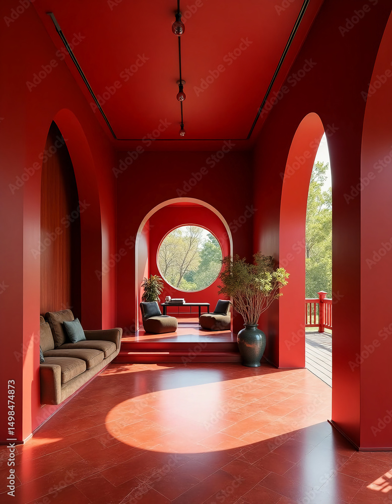 Poster warm red walls create a striking atmosphere in this contemporary space. natural light filters throug