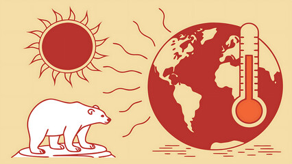 "A vector illustration illustrating climate change: melting ice and a rising sun over Earth. For example, a polar bear on a small melting ice floe or a thermometer icon overlay on the globe. 