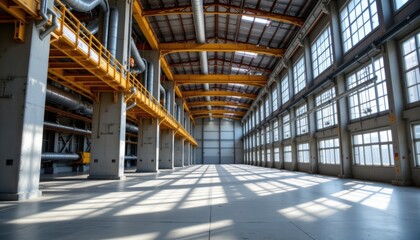 Industrial warehouse interior showcase modern facility photography bright environment wide-angle view spatial design