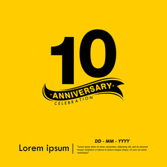10th years anniversary celebration emblem. black logo isolated with ribbon on yellow background. vector illustration template design for web, flyers, poster, greeting card and invitation card