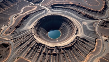 Fototapeta premium Aerial view of a massive crater lake remote desert location nature photography arid environment high angle perspective