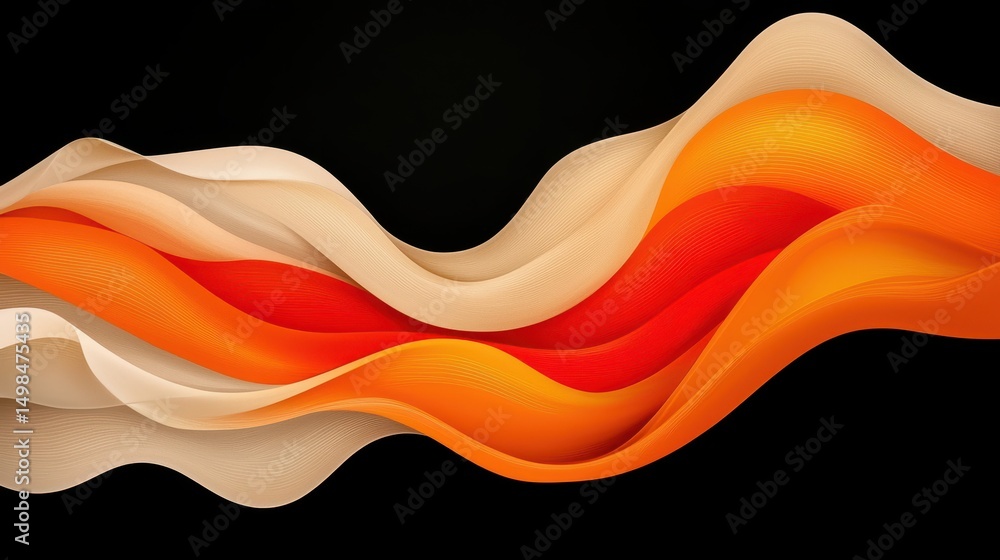 Poster abstract wave forms in shades of orange, red, and beige against a black background. the image featur