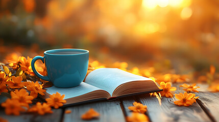 Serene autumn scene a teal mug of coffee rests beside an open book on a rustic wooden table, surrounded by vibrant orange flowers, bathed in warm sunset light.