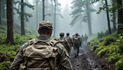 Military training exercise forest photography misty environment ground level teamwork and resilience