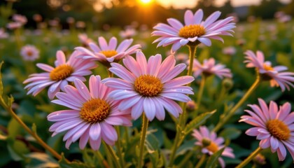Blooming daisies at sunset flower field nature photography outdoor close-up serenity