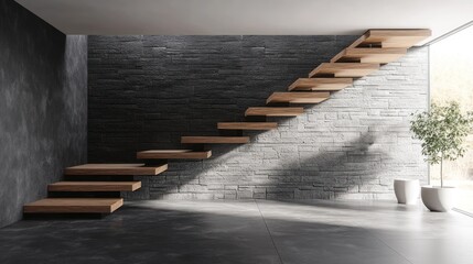 Naklejka premium Modern wooden staircase against stone wall sunlight streaming through window