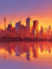 Fototapeta premium Sydney Skyline at Sunset A Vibrant Cityscape Reflected in Calm Waters.