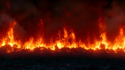 Fiery inferno blazing across dark landscape; intense, dramatic wall of flames.