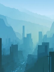Fototapeta premium Futuristic Cityscape at Dawn A hazy view of a modern city nestled in a mountain range.