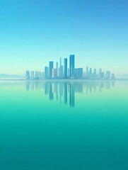 Fototapeta premium Serene City Skyline Reflected in Calm Waters A Stunning Modern Metropolis.