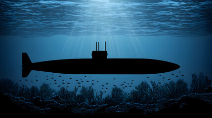 Silhouetted submarine beneath ocean surface, above vibrant coral reef and shoal of fish.  Mysterious underwater scene.